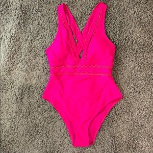 Fucsia Deep V Neck Swimsuit with Mesh Detailing